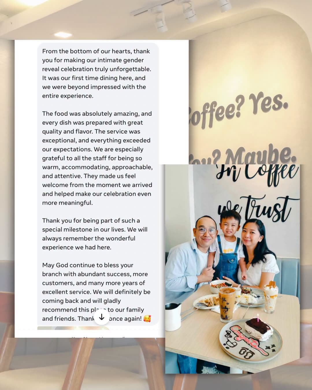 Customer review and family photo at The Bean Spot